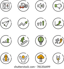 line vector icon set - elevator vector, fork loader, volume max, dislike, paper plane, growth arrow, arrows up, career, air balloon, success, cloud ladder, winch