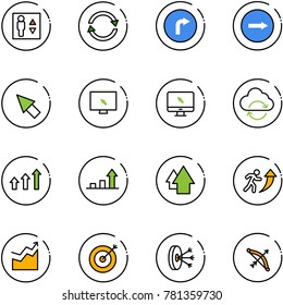 line vector icon set - elevator vector, exchange, only right road sign, cursor, monitor, refresh cloud, arrows up, growth arrow, career, target, solution, bow