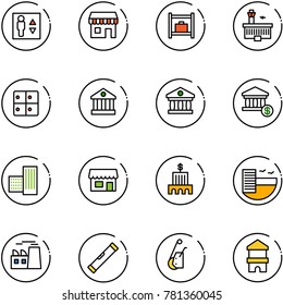line vector icon set - elevator vector, duty free, baggage room, airport building, bank, account, store, hotel, plant, level, winch, toy block house