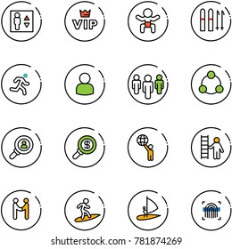 line vector icon set - elevator vector, vip, baby, ski, run, user, group, social, head hunter, search money, world, opportunity, agreement, surfing, windsurfing, fingerprint scanner