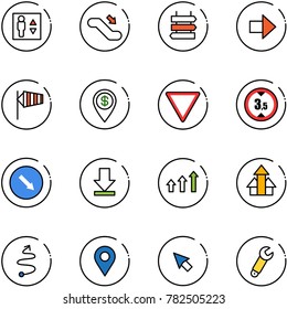 line vector icon set - elevator vector, escalator down, sign post, right arrow, side wind, dollar pin, giving way road, limited height, detour, download, arrows up, trip, navigation, cursor, wrench