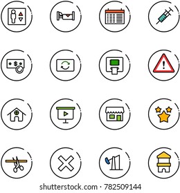 line vector icon set - elevator vector, hotel, schedule, syringe, cash, card exchange, atm, attention road sign, home, presentation board, store, stars, opening, delete, oil derrick, toy block house