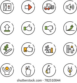 line vector icon set - elevator vector, right arrow, fork loader, volume max, uplooad, like, dislike, growth, career, finger up, opportunity, success, victory, winch