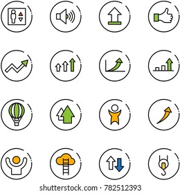 line vector icon set - elevator vector, volume max, uplooad, like, growth arrow, arrows up, air balloon, success, cloud ladder, down, winch