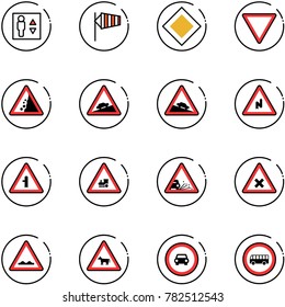 line vector icon set - elevator vector, side wind, main road sign, giving way, landslide, climb, steep descent, abrupt turn right, intersection, railway, gravel, rough, cow, no car, bus