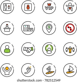 line vector icon set - elevator vector, male wc, vip, baby, recieptionist, hospital building, dollar pin, no left turn road sign, user, agreement, man globe, team leader, success, flying, surfing