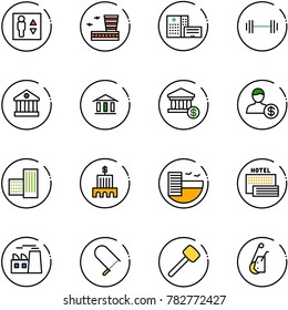 line vector icon set - elevator vector, airport building, hospital, barbell, bank, account, hotel, sea, plant, fretsaw, rubber hammer, winch