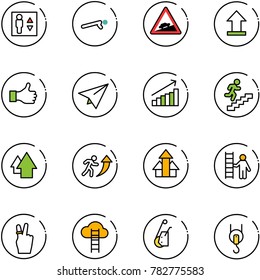 line vector icon set - elevator vector, push ups, climb road sign, uplooad, like, paper plane, growth, career, arrow up, arrows, opportunity, victory, cloud ladder, winch