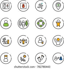 line vector icon set - elevator vector, male wc, run, dollar pin, user, group, friends, success, career, team leader, winner, king, beach, feet, information exchange