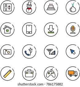 line vector icon set - elevator vector, snowman, cake, onion, home, phone, download, microphone, photo, fine signal, cursor, ruler, tool box, joystick, truck toy