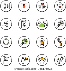 line vector icon set - elevator vector, male wc, vip, baby, run, pull ups, group, head hunter, community, search money, success, world, win, feet