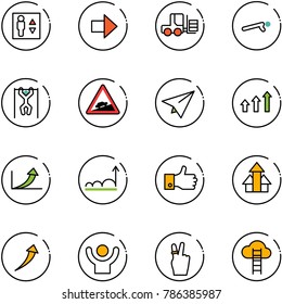 line vector icon set - elevator vector, right arrow, fork loader, push ups, pull, climb road sign, paper plane, arrows up, growth, finger, success, victory, cloud ladder