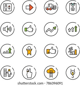 line vector icon set - elevator vector, right arrow, fork loader, pull ups, volume max, like, growth, arrows up, success, finger, career, opportunity, victory, cloud ladder, winch