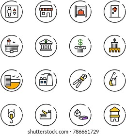 line vector icon set - elevator vector, duty free, baggage room, first aid, airport building, bank, hotel, plant, bolt cutter, winch, stapler, constructor blocks, toy block house