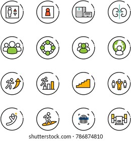 line vector icon set - elevator vector, female wc, hospital building, kidneys, group, friends, man globe, career, stairs, team leader, flying, surfing, fingerprint scanner, sharpening