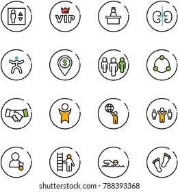line vector icon set - elevator vector, vip, recieptionist, kidneys, gymnastics, dollar pin, group, community, agreement, success, world, team leader, winner, opportunity, swimming, feet