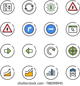 line vector icon set - elevator vector, exchange, dollar sun, intersection road sign, only right, cursor browser, arrow, left, redo, target, rise, growth, chart, chevron