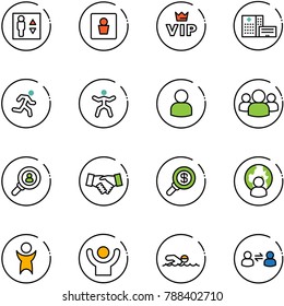 line vector icon set - elevator vector, male wc, vip, hospital building, run, gymnastics, user, group, head hunter, agreement, search money, man globe, success, swimming, information exchange