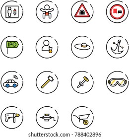 line vector icon set - elevator vector, baby, tunnel road sign, no truck overtake, ipo, winner, woman hat, anchor, car wireless, sledgehammer, nail dowel, protective glasses, drill machine, jack