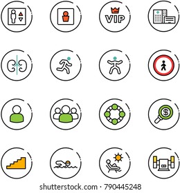 line vector icon set - elevator vector, male wc, vip, hospital building, kidneys, run, gymnastics, no pedestrian road sign, user, group, friends, search money, stairs, swimming, beach, sharpening