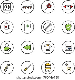 line vector icon set - elevator vector, baggage truck, lollipop, candy, tea, dollar flag, no limit road sign, shield check, user, fast backward, t shirt, terms plan, plumber, clinch, toy block house