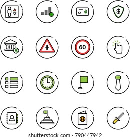 line vector icon set - elevator vector, coin, tap pay, safe, account, intersection road sign, speed limit 60, hand touch, menu, time, flag, tie, contact book, pyramid, passport, clinch