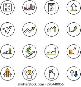 line vector icon set - elevator vector, fork loader, pull ups, uplooad, paper plane, growth arrow, arrows up, career, finger, success, victory, down