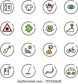 line vector icon set - elevator vector, dog, christmas deer hat, eye, tunnel road sign, puzzle, group, success, fizz opening, beach, palm, bike, server wireless, rake, sickle, car