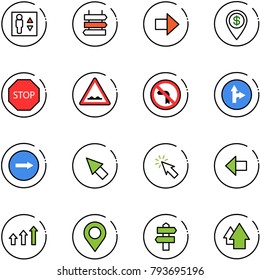 Line Vector Icon Set - Elevator Vector, Sign Post, Right Arrow, Dollar Pin, Stop Road, Rough, No Left Turn, Only Forward, Cursor, Arrows Up, Map, Signpost