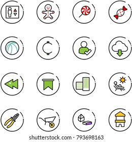 line vector icon set - elevator vector, cake man, lollipop, candy, basketball ball, cent, user check, download cloud, fast backward, flag, building, beach, pliers, wheelbarrow, constructor blocks