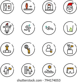 line vector icon set - elevator vector, travolator, officer window, santa claus, run, abdominal muscles, garbage, winner, world, win, opportunity, reading, swimsuit