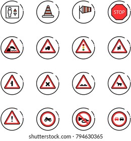 line vector icon set - elevator vector, road cone, side wind, stop sign, embankment, tractor way, traffic light, abrupt turn right, intersection, railway, rough, cow, attention, no moto, horn