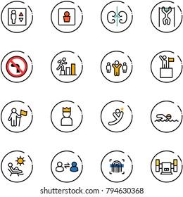 line vector icon set - elevator vector, male wc, kidneys, pull ups, no left turn road sign, career, team leader, win, king, flying man, swimming, beach, information exchange, fingerprint scanner