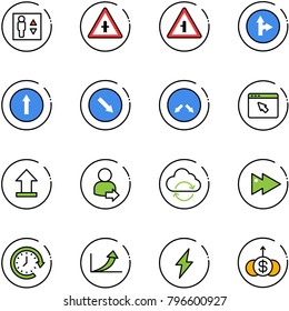 line vector icon set - elevator vector, intersection road sign, only forward right, detour, cursor browser, uplooad, user login, refresh cloud, fast, clock around, growth arrow, lightning, dollar