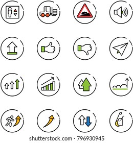 line vector icon set - elevator vector, fork loader, climb road sign, volume max, uplooad, like, dislike, paper plane, arrows up, growth, arrow, career, down, winch