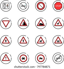 line vector icon set - elevator vector, no smoking sign, prohibition road, stop, giving way, landslide, climb, wild animals, intersection, railway, attention, car, moto, end overtake limit