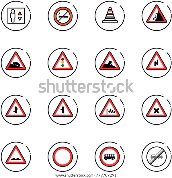 line vector icon set - elevator vector, no smoking\
sign, road cone, landslide, steep descent, traffic light, roadside,\
abrupt turn right, intersection, side wind, railway, rough,\
prohibition, bus