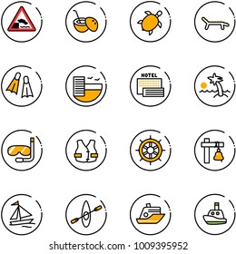 line vector icon set - embankment vector road sign, coconut cocktail, sea turtle, lounger, flippers, hotel, palm, diving, life vest, hand wheel, ship bell, sail boat, kayak, cruiser, toy