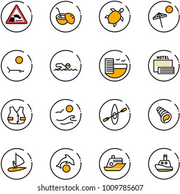 line vector icon set - embankment vector road sign, coconut cocktail, sea turtle, beach, lounger, swimming, hotel, life vest, waves, kayak, shell, windsurfing, dolphin, cruiser, toy boat