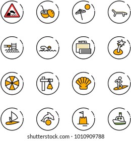 line vector icon set - embankment vector road sign, coconut cocktail, beach, lounger, pool, swimming, sea hotel, palm, parasol, ship bell, shell, surfing, windsurfing, dolphin, sand castle, toy boat
