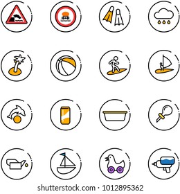 line vector icon set - embankment vector road sign, no dangerous cargo, flippers, rain cloud, palm, ball, surfing, windsurfing, dolphin, drink, basin, oiler, sailboat toy, duck, water gun