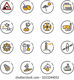 line vector icon set - embankment vector road sign, coconut cocktail, beach, sea hotel, palm, parasol, diving, hand wheel, ship bell, lighthouse, kayak, shell, surfing, dolphin, toy boat