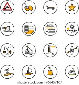 line vector icon set - embankment vector road sign, coconut cocktail, lounger, starfish, pool, hotel, sea, palm, life vest, sail boat, lighthouse, kayak, surfing, windsurfing, sand castle, toy