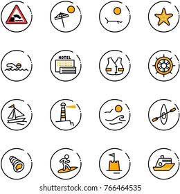 line vector icon set - embankment vector road sign, beach, lounger, starfish, swimming, sea hotel, life vest, hand wheel, sail boat, lighthouse, waves, kayak, shell, surfing, sand castle, cruiser