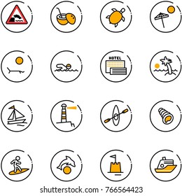 line vector icon set - embankment vector road sign, coconut cocktail, sea turtle, beach, lounger, swimming, hotel, palm, sail boat, lighthouse, kayak, shell, surfing, dolphin, sand castle, cruiser