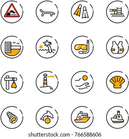 line vector icon set - embankment vector road sign, lounger, flippers, pool, hotel, palm, diving, life vest, ship bell, lighthouse, waves, sea shell, dolphin, cruiser, toy boat
