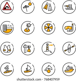 line vector icon set - embankment vector road sign, beach, flippers, pool, hotel, palm, parasol, diving, life vest, ship bell, lighthouse, kayak, surfing, windsurfing, dolphin, cruiser