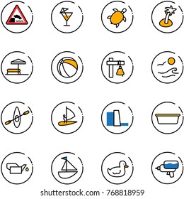 line vector icon set - embankment vector road sign, drink, sea turtle, palm, inflatable pool, ball, ship bell, waves, kayak, windsurfing, water power plant, basin, oiler, sailboat toy, duck, gun