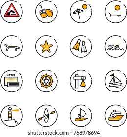line vector icon set - embankment vector road sign, coconut cocktail, beach, lounger, starfish, flippers, swimming, sea hotel, hand wheel, ship bell, sail boat, lighthouse, kayak, windsurfing