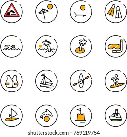 line vector icon set - embankment vector road sign, beach, lounger, flippers, swimming, palm, diving, life vest, sail boat, kayak, surfing, windsurfing, dolphin, sand castle, toy